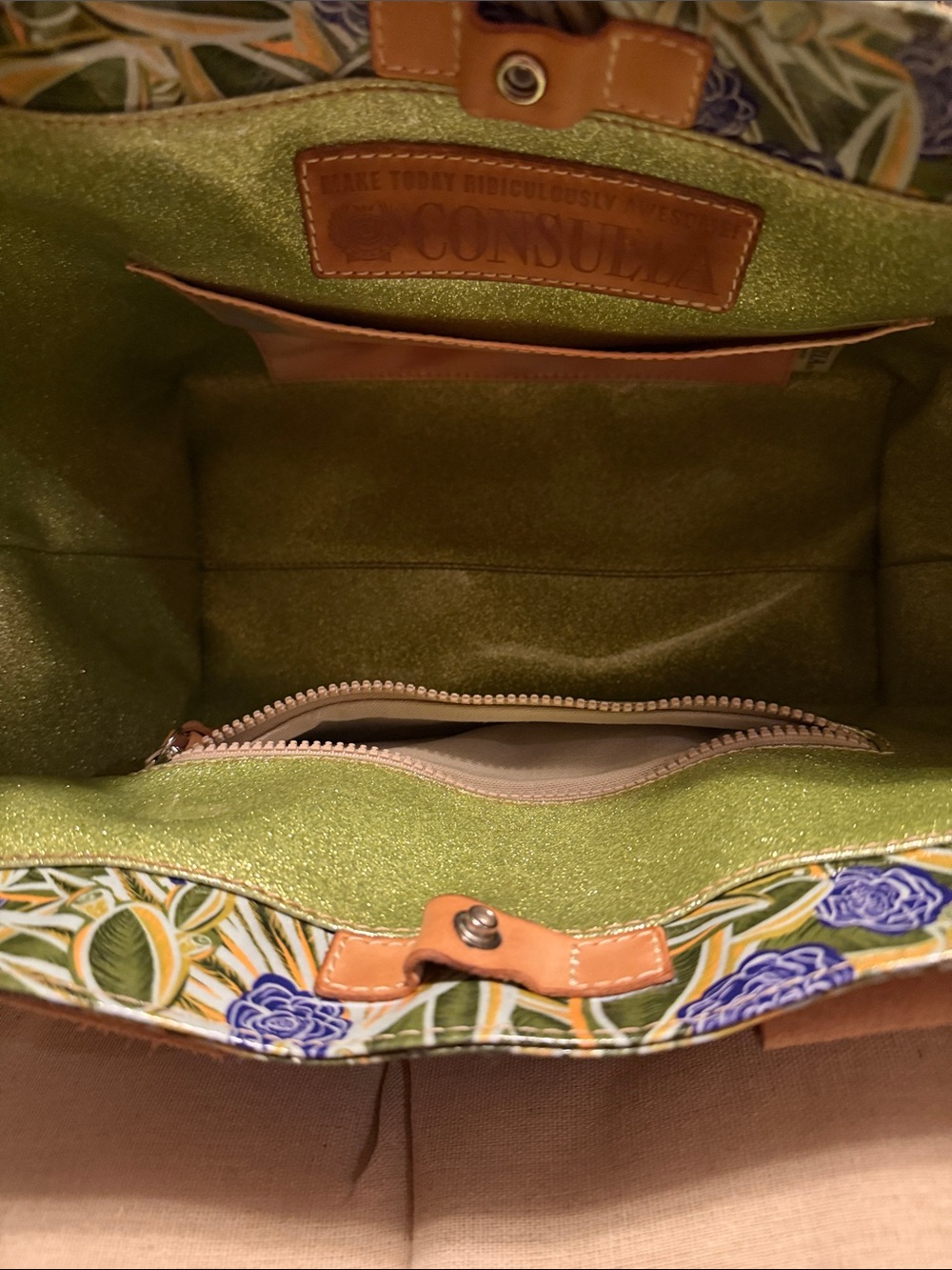 Consuela Green Floral Canvas Tote with Tan Leather and Multicolor Strap - Picture 4 of 4